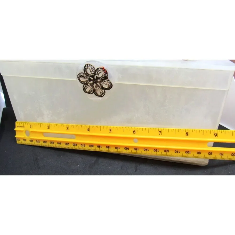 Vintage pearlized lucite purse box filigree clasp 1950 mirrored interior Wilardy